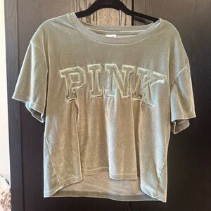 PINK Logo Velour Cropped Tee - Sage Green